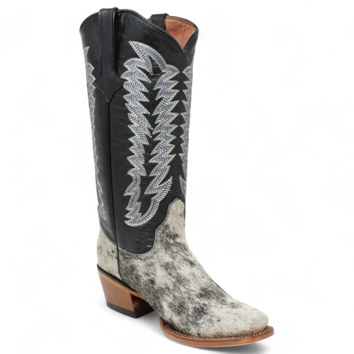 Tanner Mark Boots Boots Women's Olene Full Hair On Cowhide Leather Square Toe Boots in Salt & Pepper - Tanner Mark Boots