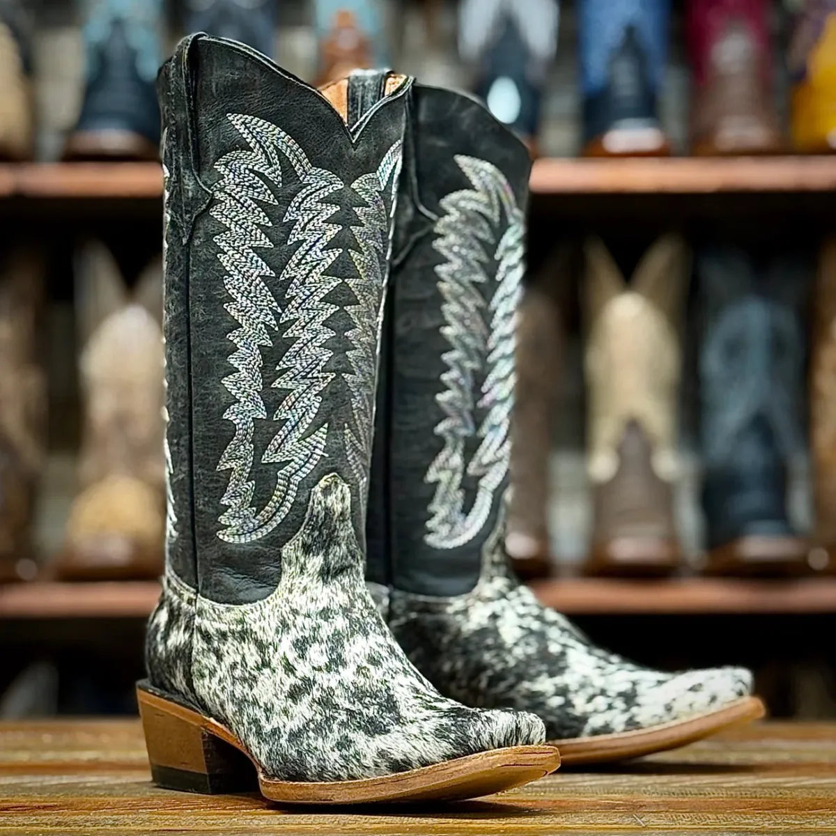 Tanner Mark Boots Boots Women's Olene Full Hair On Cowhide Leather Square Toe Boots in Salt & Pepper - Tanner Mark Boots