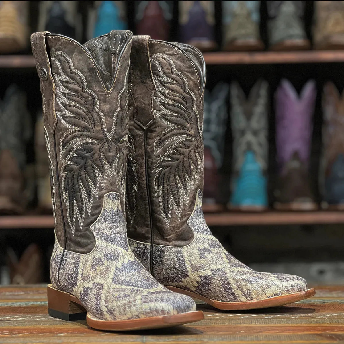Tanner Mark Boots Boots Women's Rattlesnake Print Square Toe Boots in Natural - Tanner Mark Boots