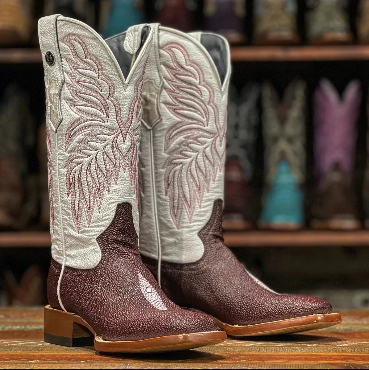 Tanner Mark Boots Boots Women's Stingray Print Square Toe Tall Boots in Burgundy - Tanner Mark Boots