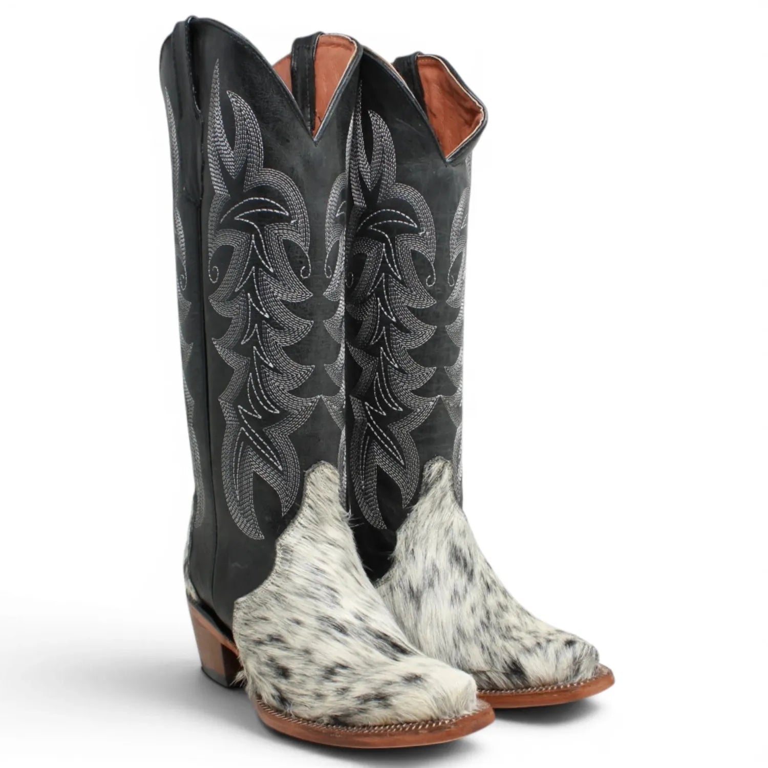 Tanner Mark Boots Boots Women's Triad Hair on Cowhide Leather Snip Toe Tall Boots in Black and White - Tanner Mark Boots
