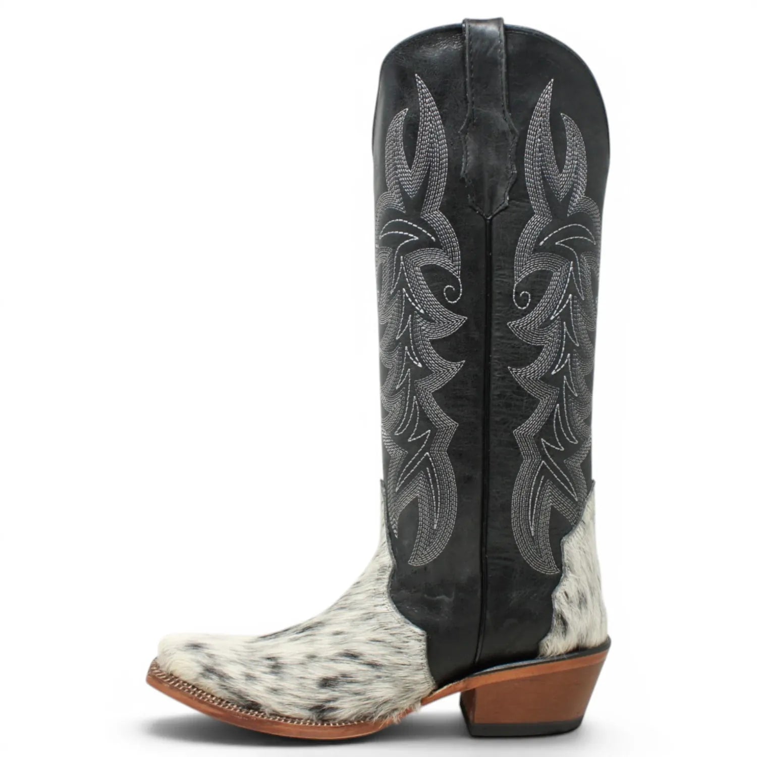 Tanner Mark Boots Boots Women's Triad Hair on Cowhide Leather Snip Toe Tall Boots in Black and White - Tanner Mark Boots
