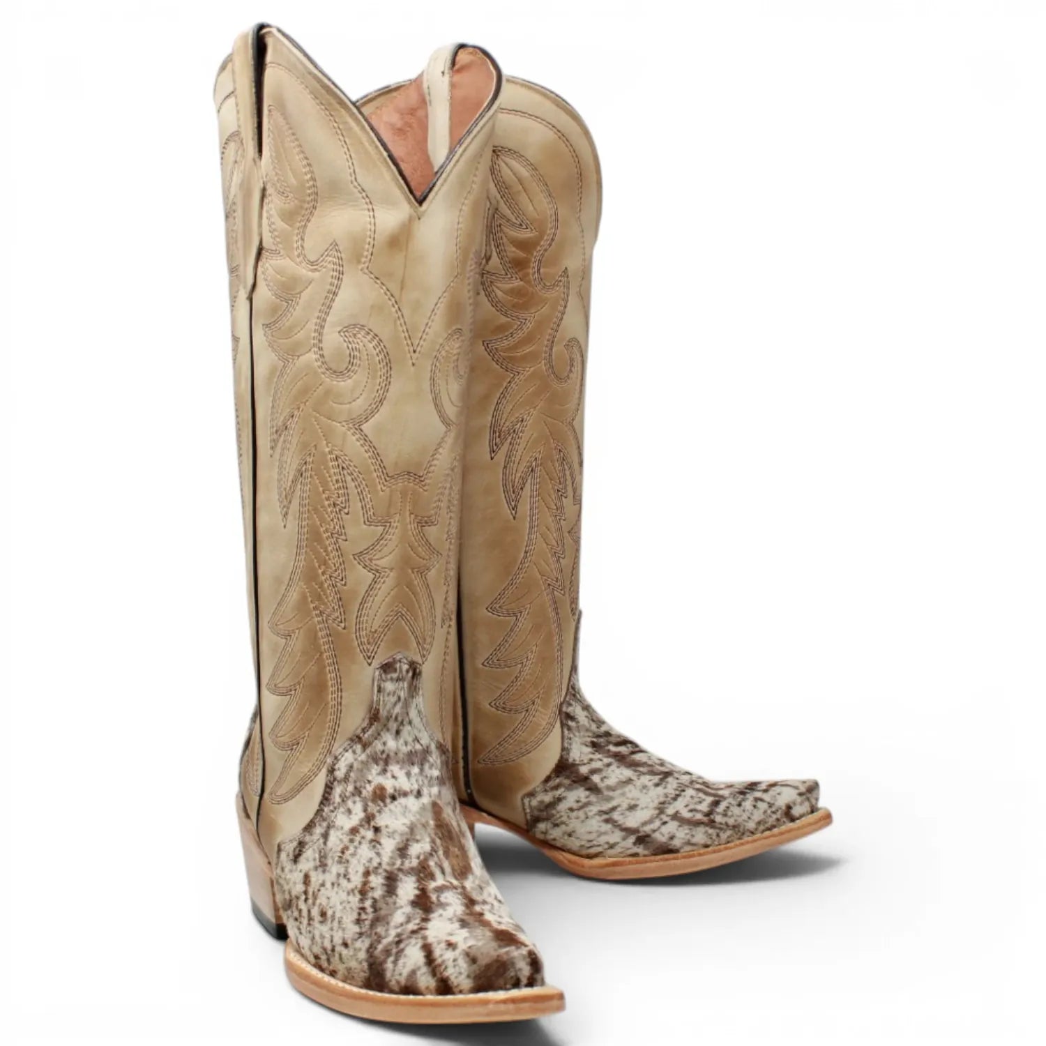 Women's Triad Picasso Hair-On Cowhide Leather Snip Toe Tall Boots in Sand - Tanner Mark Boots