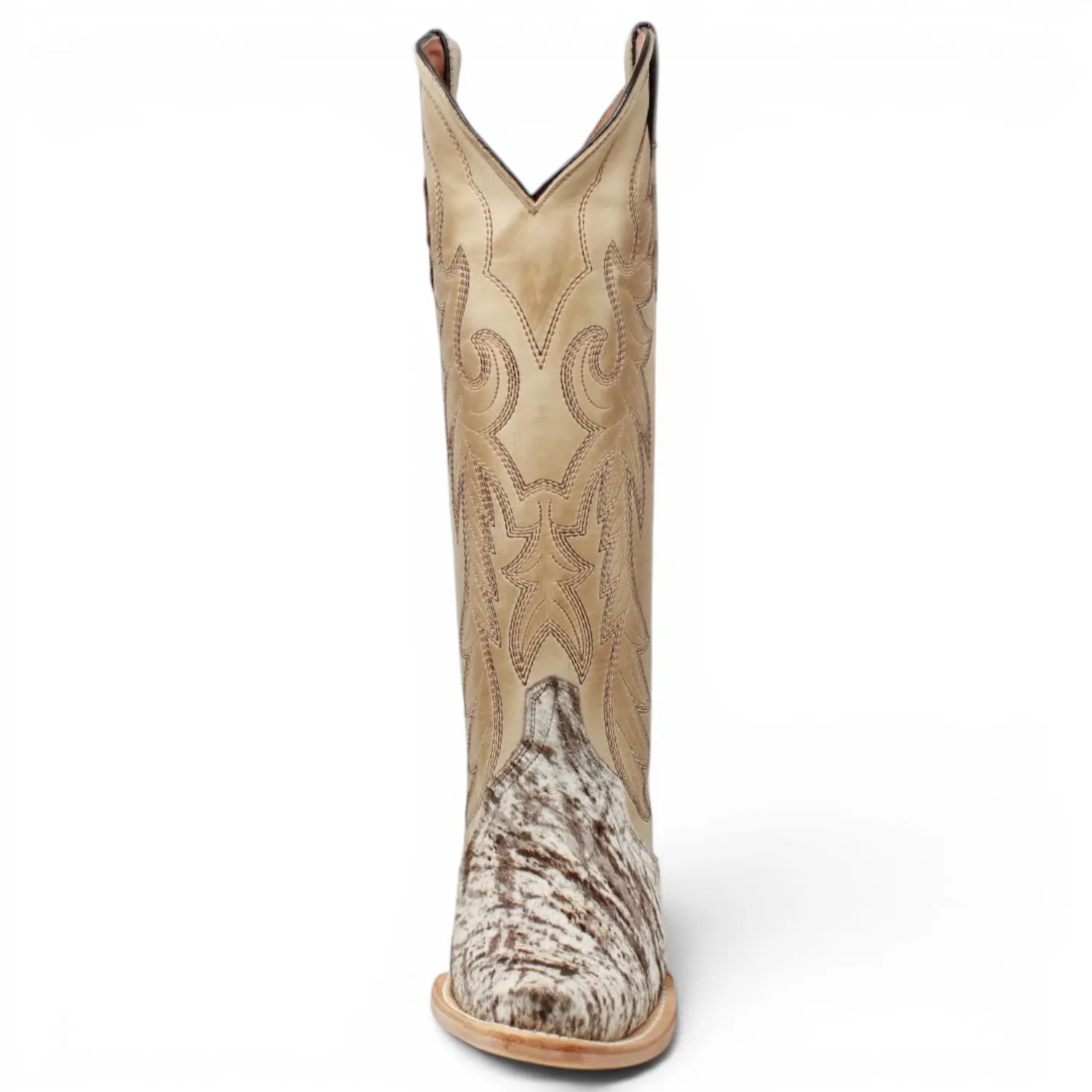 Women's Triad Picasso Hair-On Cowhide Leather Snip Toe Tall Boots in Sand - Tanner Mark Boots