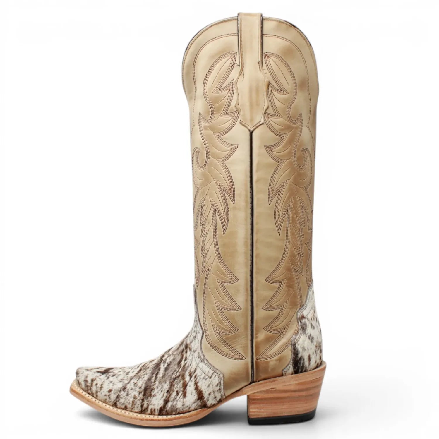 Women's Triad Picasso Hair-On Cowhide Leather Snip Toe Tall Boots in Sand - Tanner Mark Boots