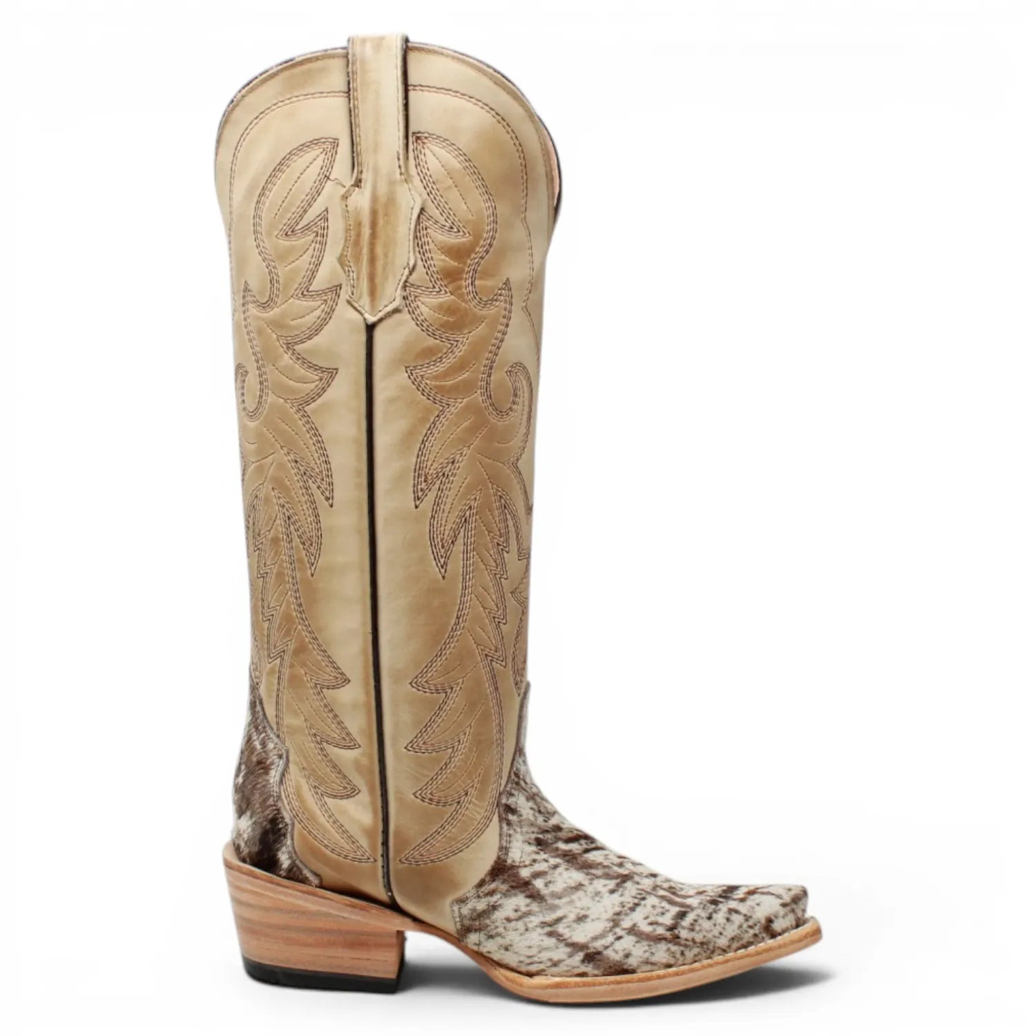 Women's Triad Picasso Hair-On Cowhide Leather Snip Toe Tall Boots in Sand - Tanner Mark Boots