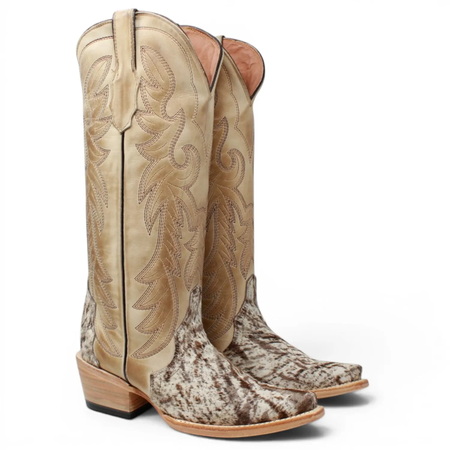 Women's Triad Picasso Hair-On Cowhide Leather Snip Toe Tall Boots in Sand - Tanner Mark Boots