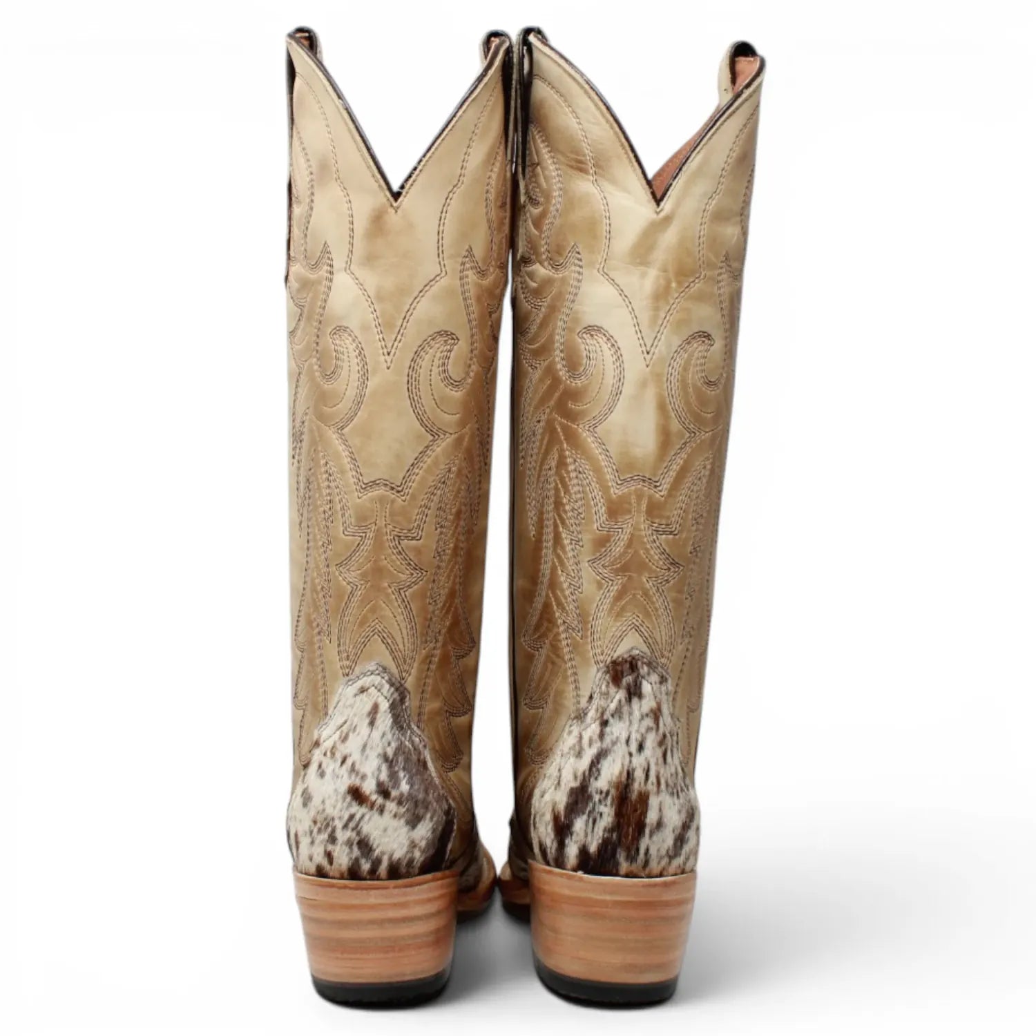 Women's Triad Picasso Hair-On Cowhide Leather Snip Toe Tall Boots in Sand - Tanner Mark Boots