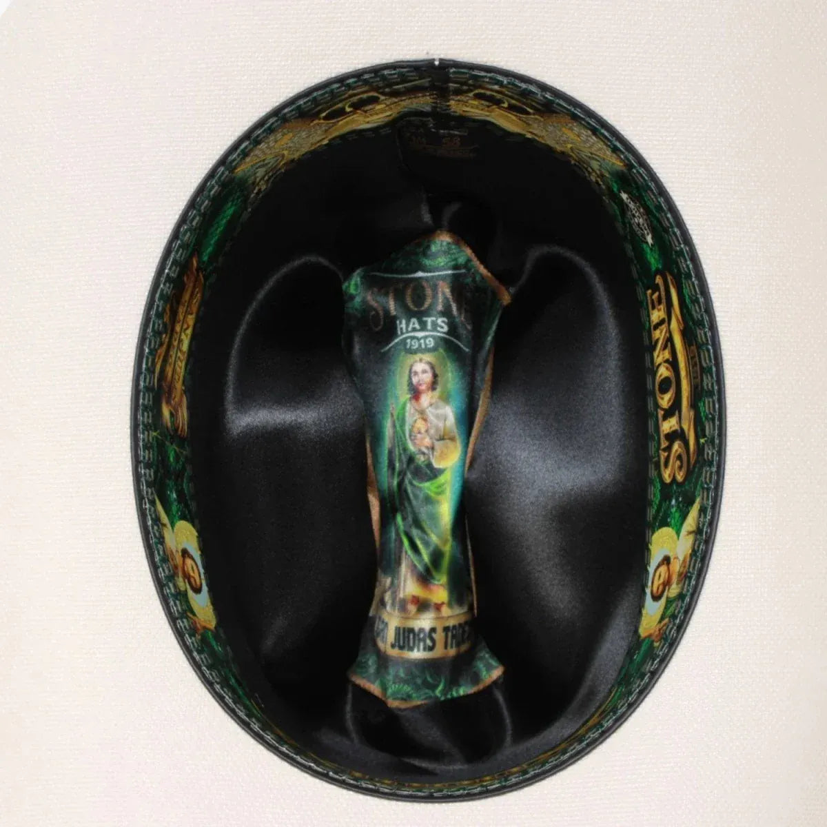 Stone 1,000X Cowboy San Judas Hat Sinaloa Style with Feathers - Natural - Inside View
