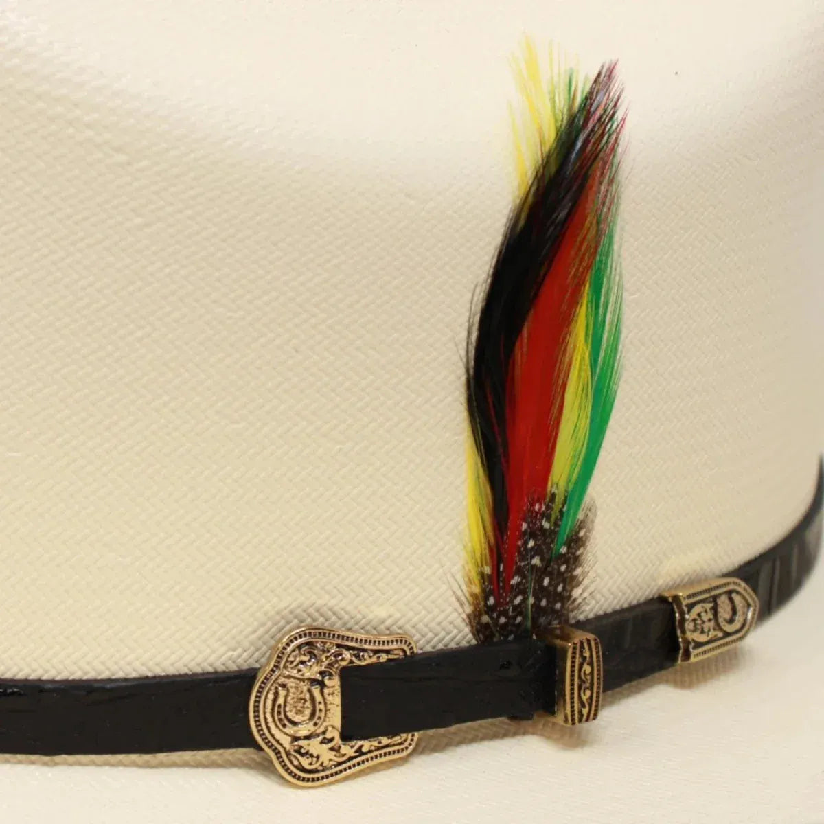 Tombstone Hats 1,000X Cowboy Hat Sinaloa Style with Feather 3 1/2" Brim - Natural Ivory - Detail View
