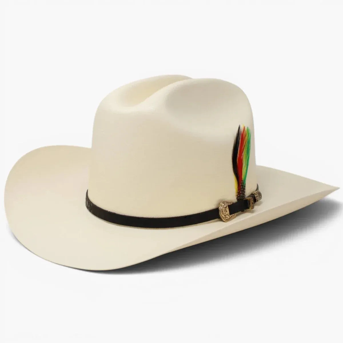 Tombstone Hats 1,000X Cowboy Hat Sinaloa Style with Feather 3 1/2" Brim - Natural Ivory - Side View