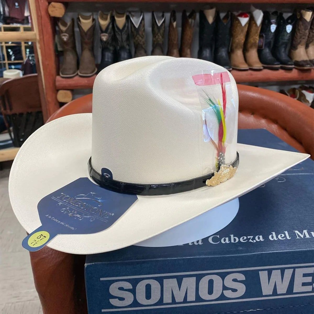 Tombstone Hats 10,000X Cowboy Hat Sinaloa Style with Feather 3 1/2" Brim - Side View 