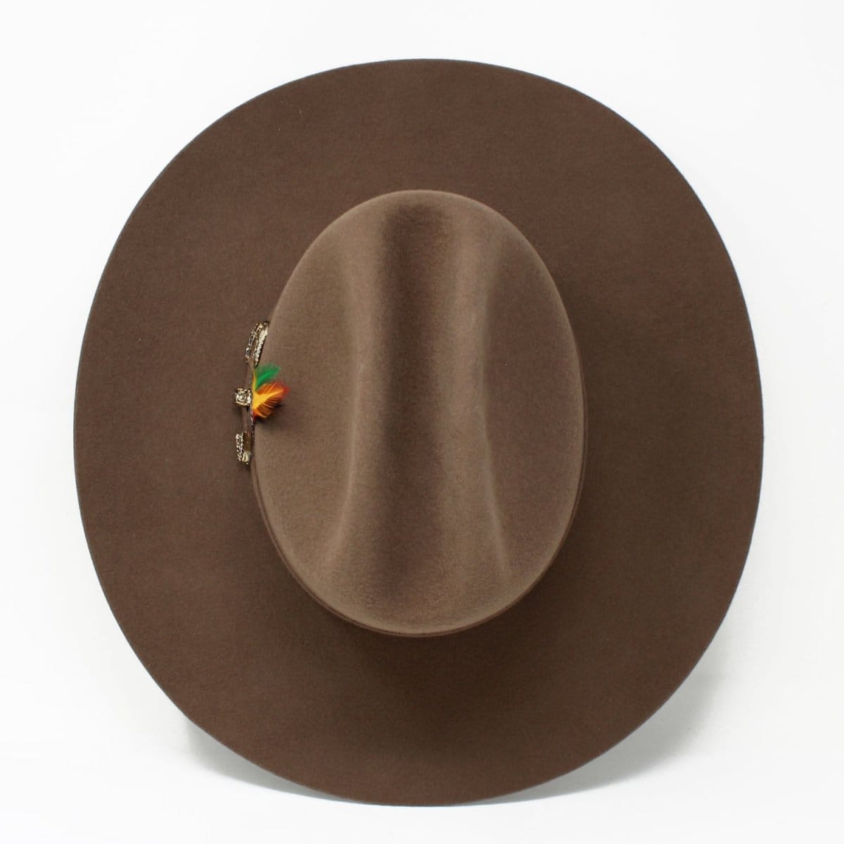 Tombstone Hats 20X Felt Cowboy Hat Sinaloa (Chaparral) Style with Feather - Walnut - Top View
