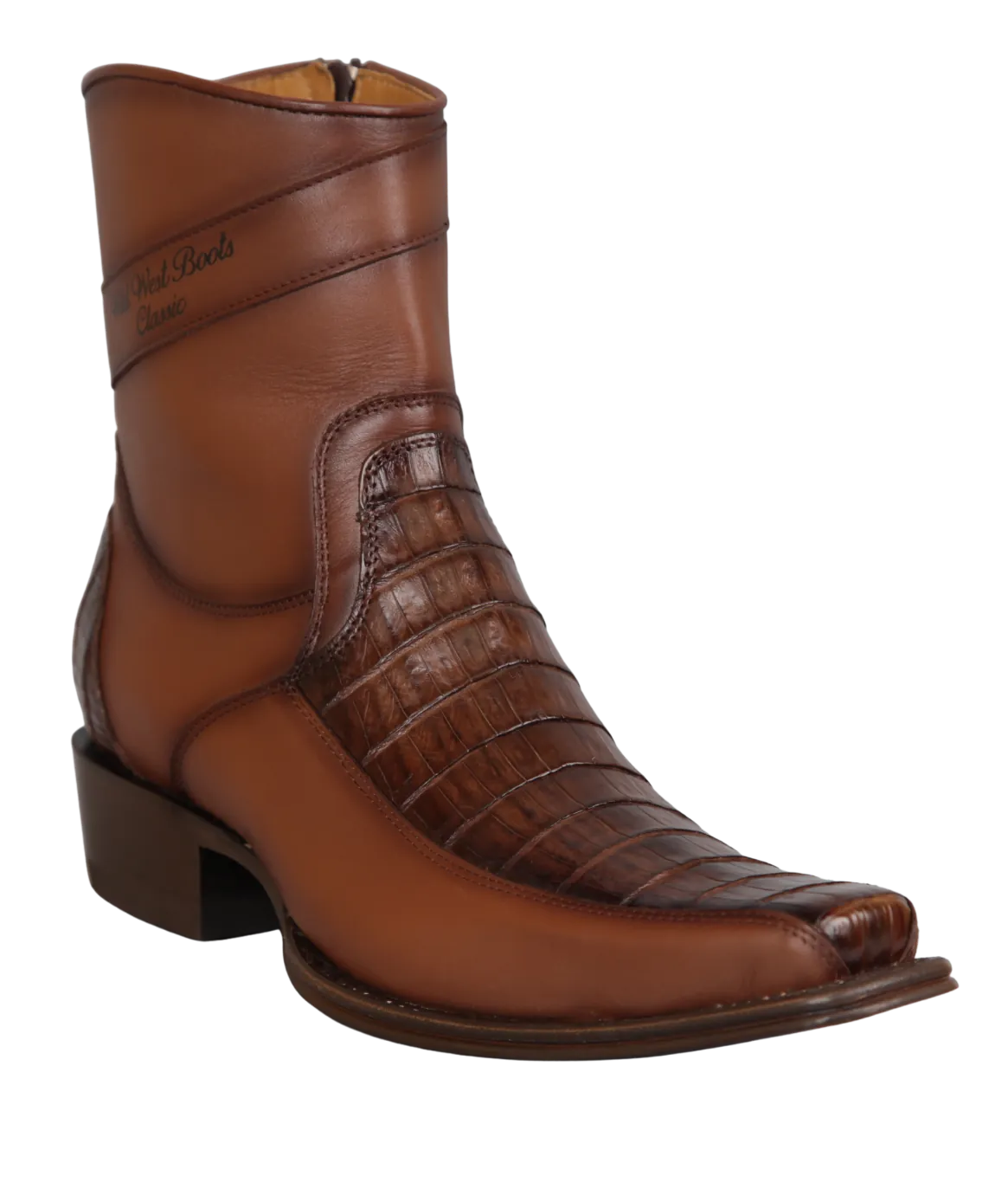 Wild West Boots Boots Wild West Men's Caiman Belly Skin and Genuine Leather European Square Toe Short Boot - Faded Brown