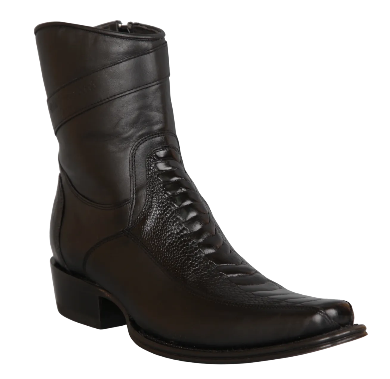Wild West Boots Boots Wild West Men's Ostrich Leg and Genuine Leather Skin European Square Toe Short Boot - Black