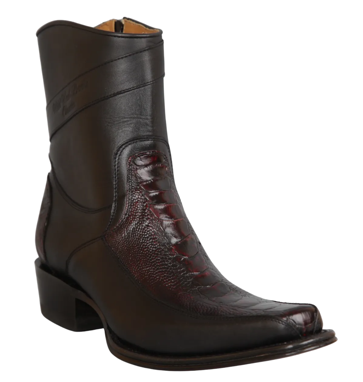 Wild West Boots Boots Wild West Men's Ostrich Leg and Genuine Leather Skin European Square Toe Short Boot - Black Cherry