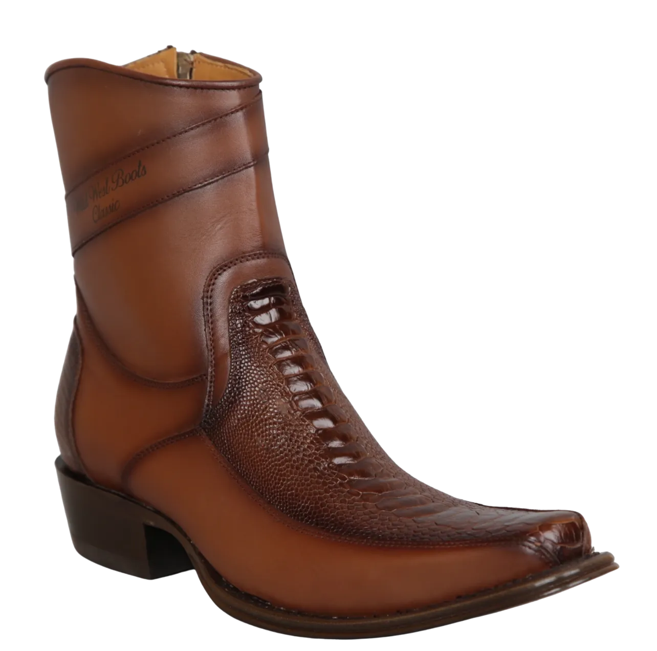 Wild West Boots Boots Wild West Men's Ostrich Leg and Genuine Leather Skin European Square Toe Short Boot - Faded Brown