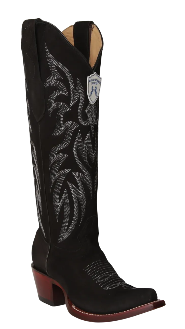 Wild West Boots Boots Wild West Women's Genuine Nubuck Leather Snip Toe Tall Boot - Black