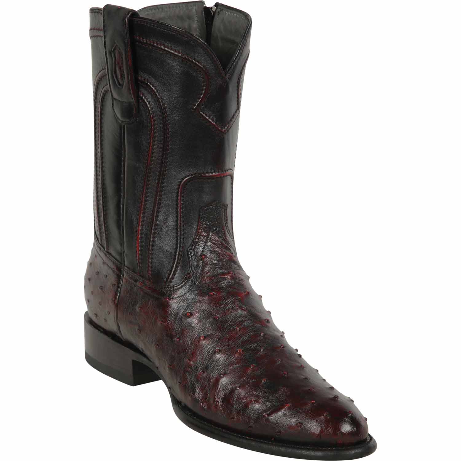Western Genuine Ostrich Skin Roper Toe Boots WIth ZIpper Black Cherry Color - Los Altos Boots  Side View 