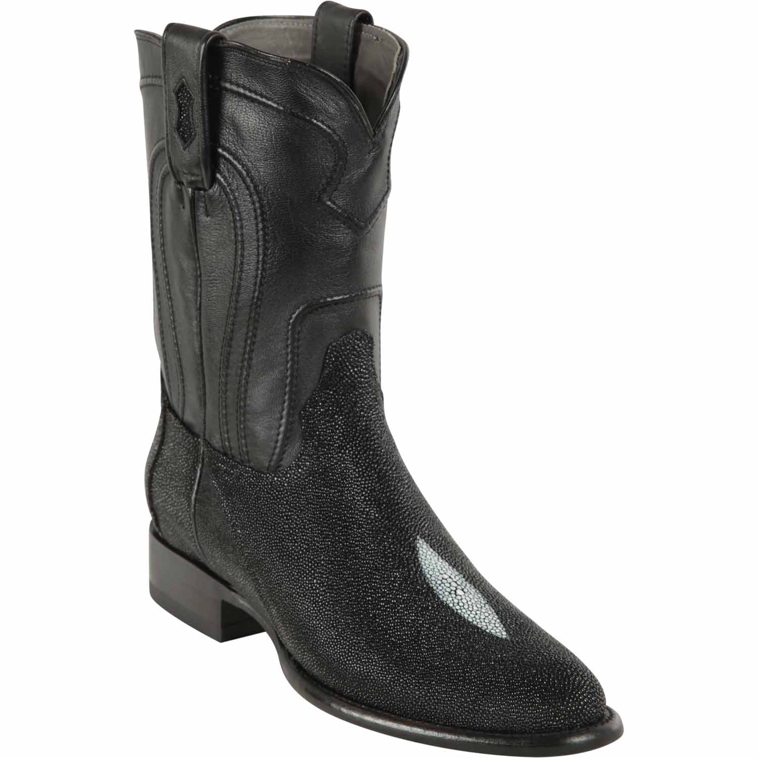 Western Genuine Stingray Skin Single Stone Roper Toe Boots Black Color - Los Altos Boots - Side View