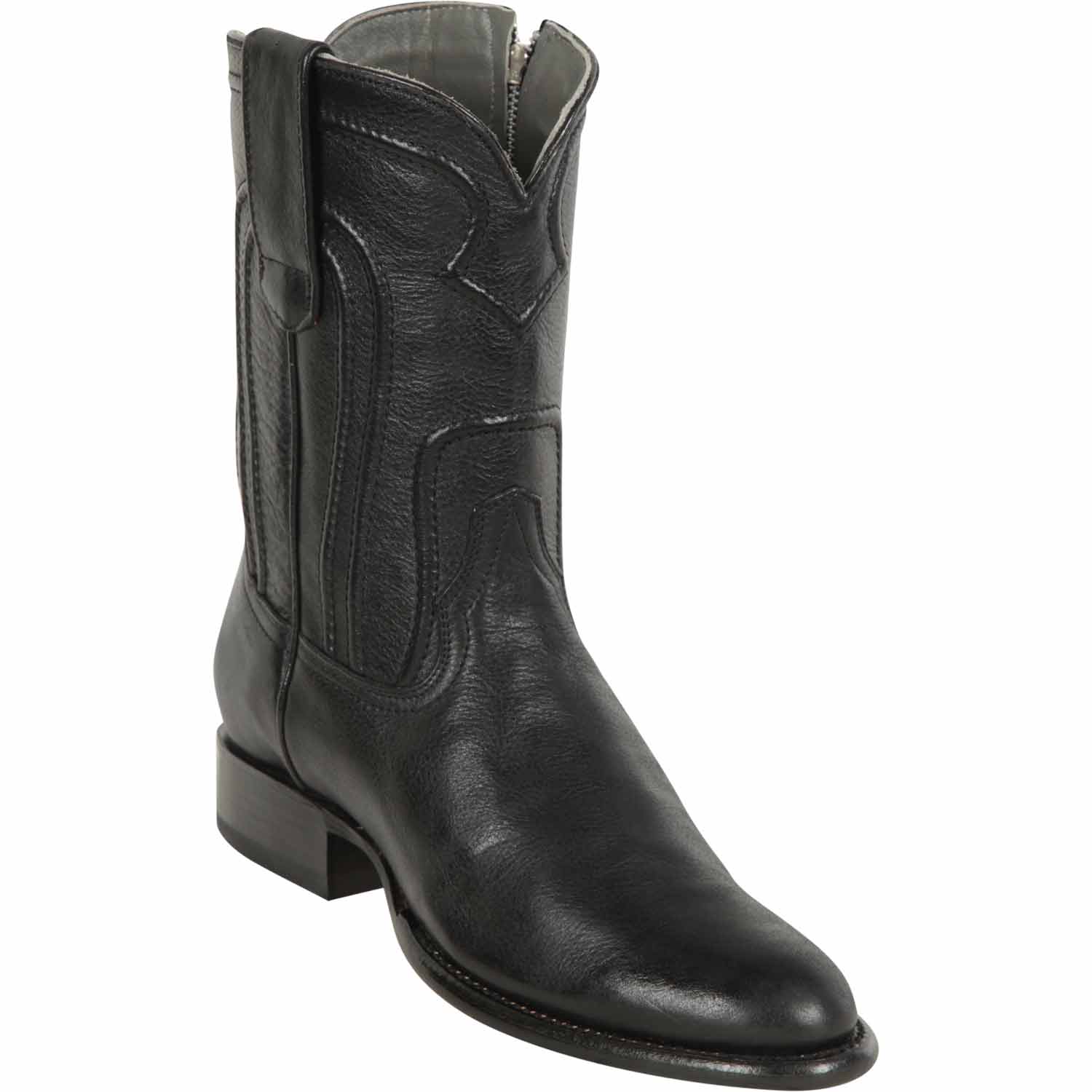 Western Genuine Belmont Leather Roper Toe Boots With Zipper Black Color - Los Altos Boots - Side View 