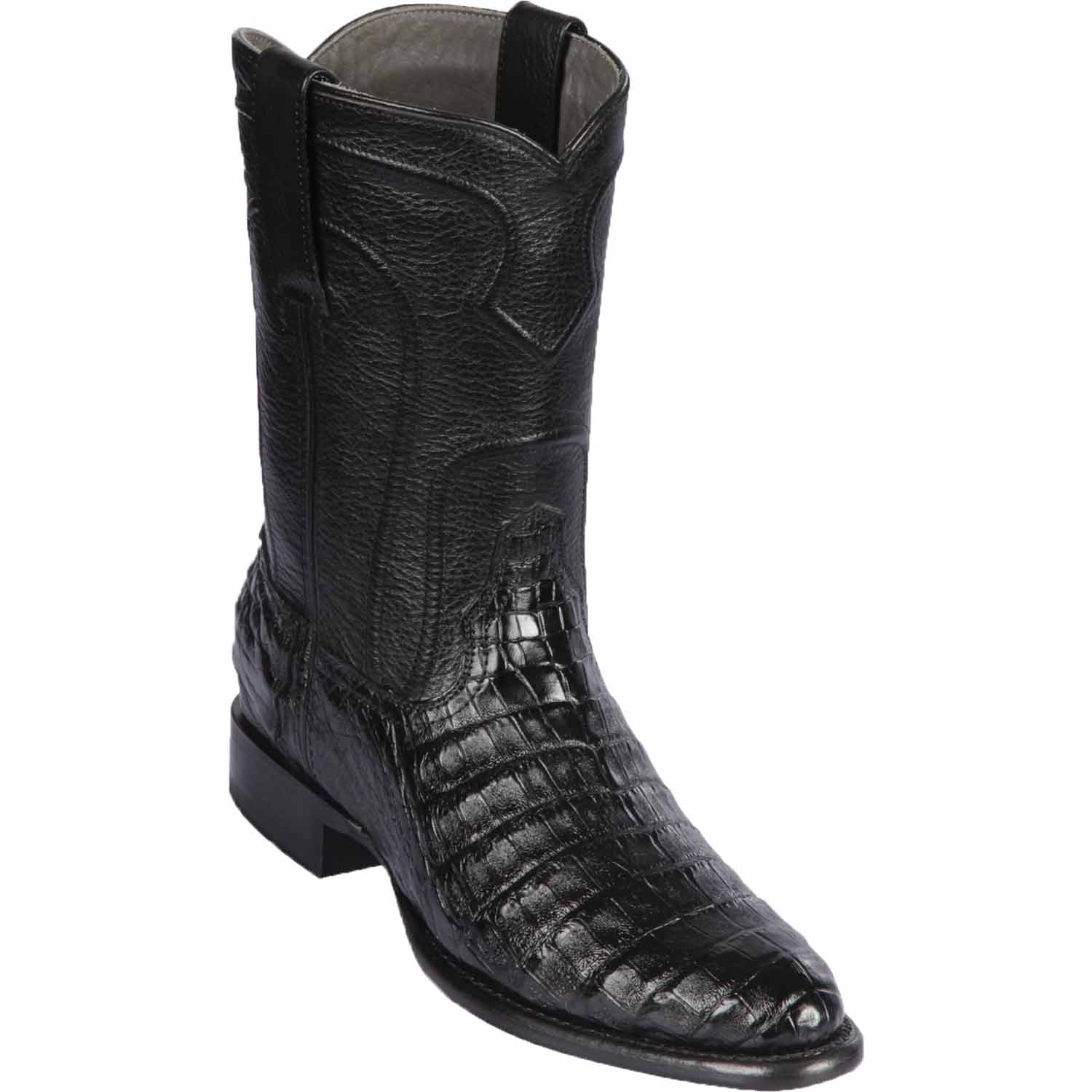 Western Genuine Caiman Belly Skin Roper Toe Boots With Zipper Black Color - Los Altos Boots - SIde View