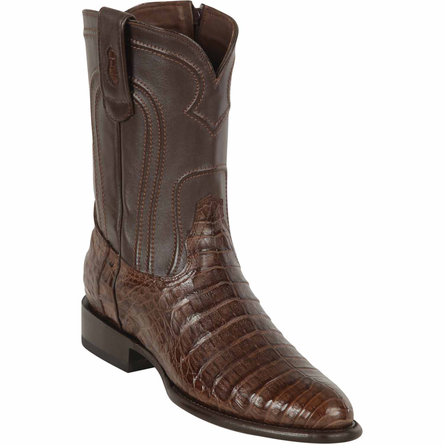 Western Genuine Caiman Belly Skin Roper Toe Boots With Zipper Brown Color - Los Altos Boots - SIde View