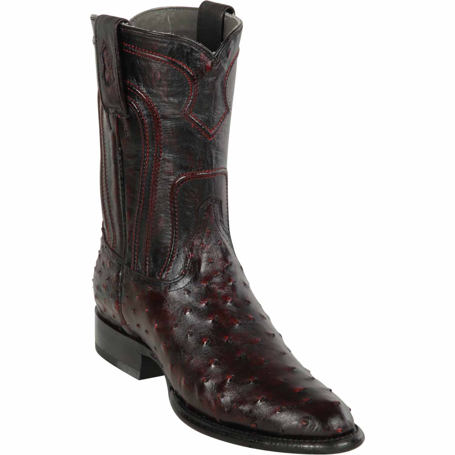 Western Genuine Ostrich Skin Roper Toe Boots Black Cherry Color - Los Altos Boots  Side View 