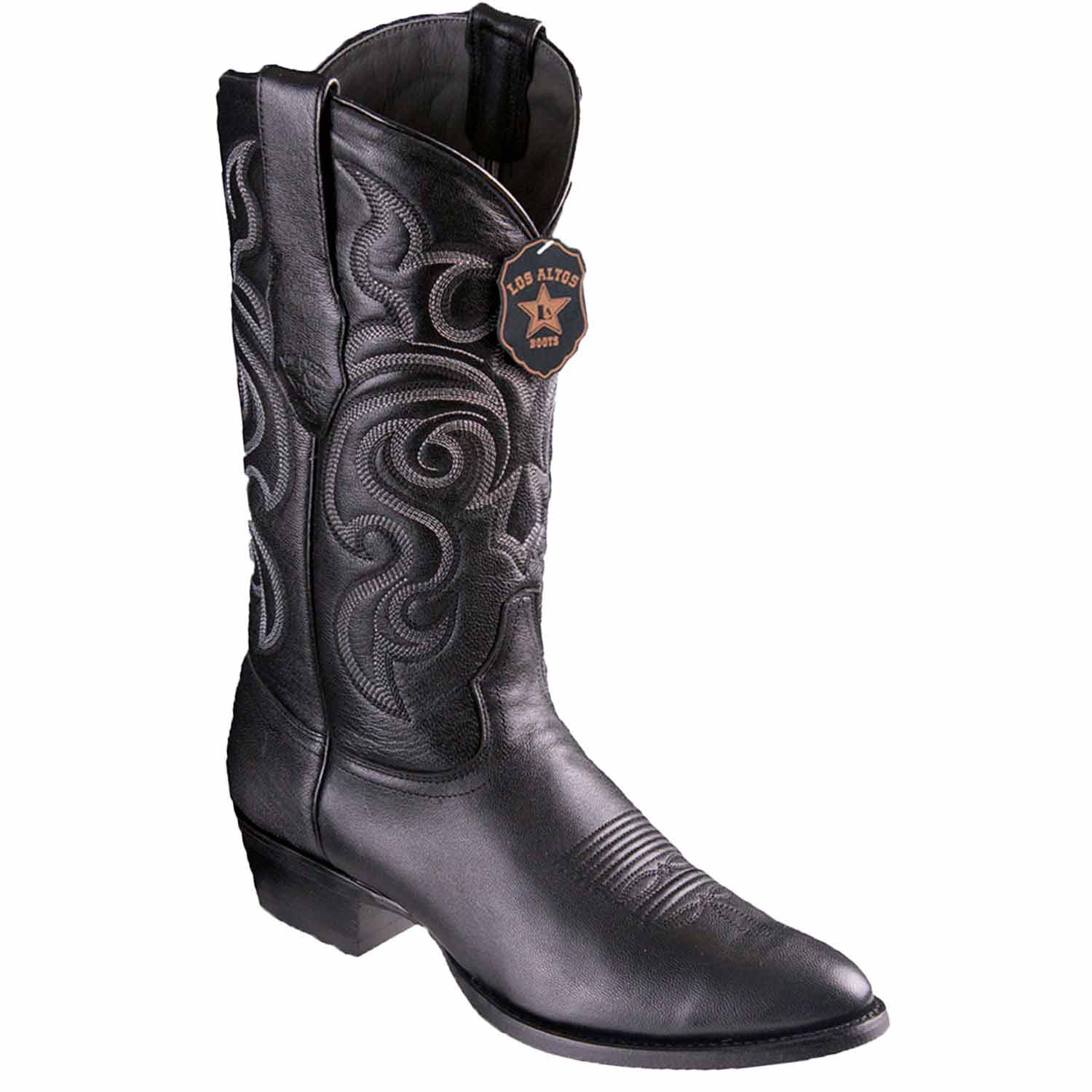 Western Genuine Goat Round Toe Boots Black Color - Los Altos Boots - Side View 