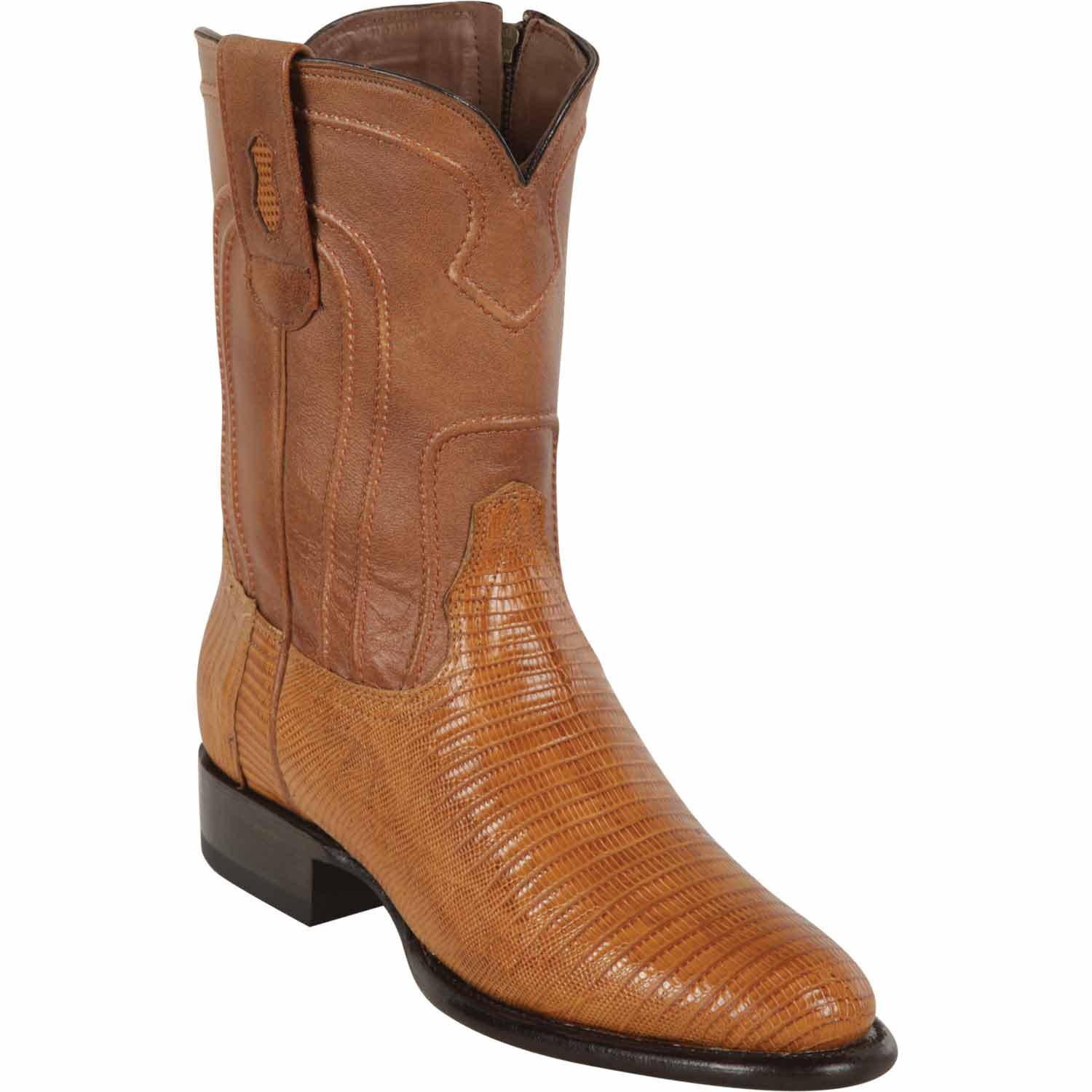 Western Genuine Teju Skin Roper Toe Boots With ZIpper Antique Saddle Color - Los Altos Boots - Side View 