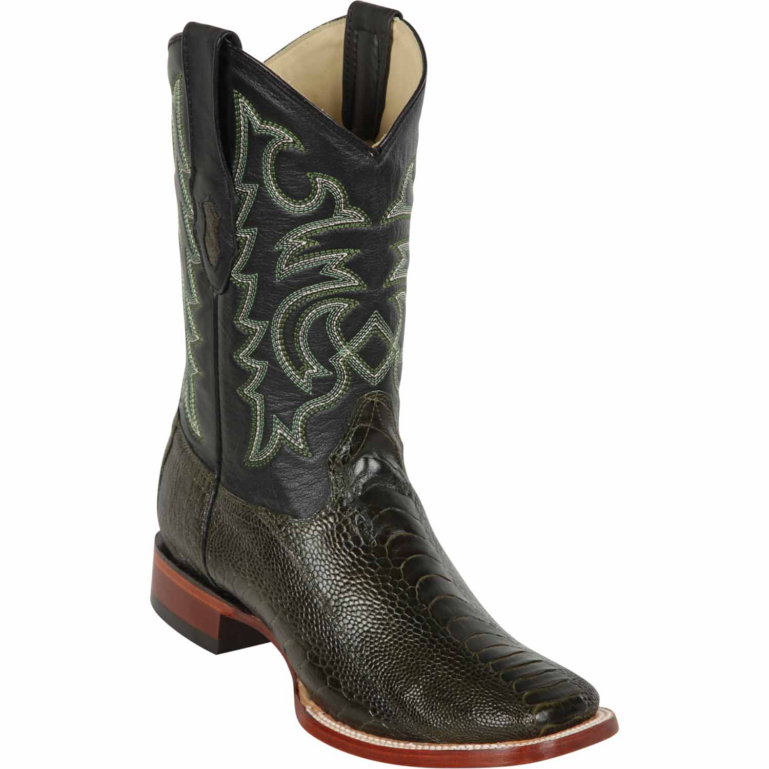 Western Genuine Ostrich Leg Skin Rodeo Wide Square Toe Boots Olive Green Color - Los Altos Boots - Side View 