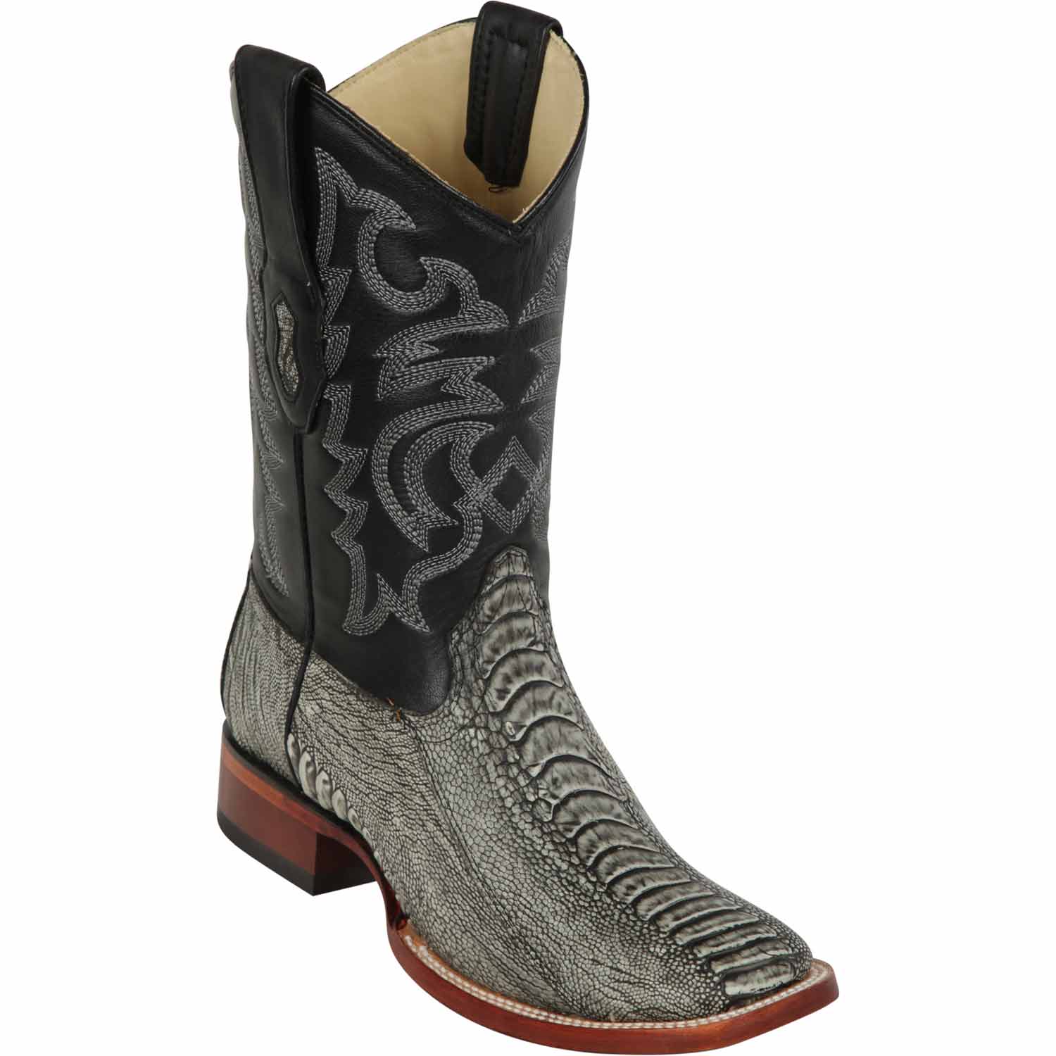 Western Genuine Ostrich Leg Skin Rodeo Wide Square Toe Boots Rustic Black Color - Los Altos Boots - Side View 