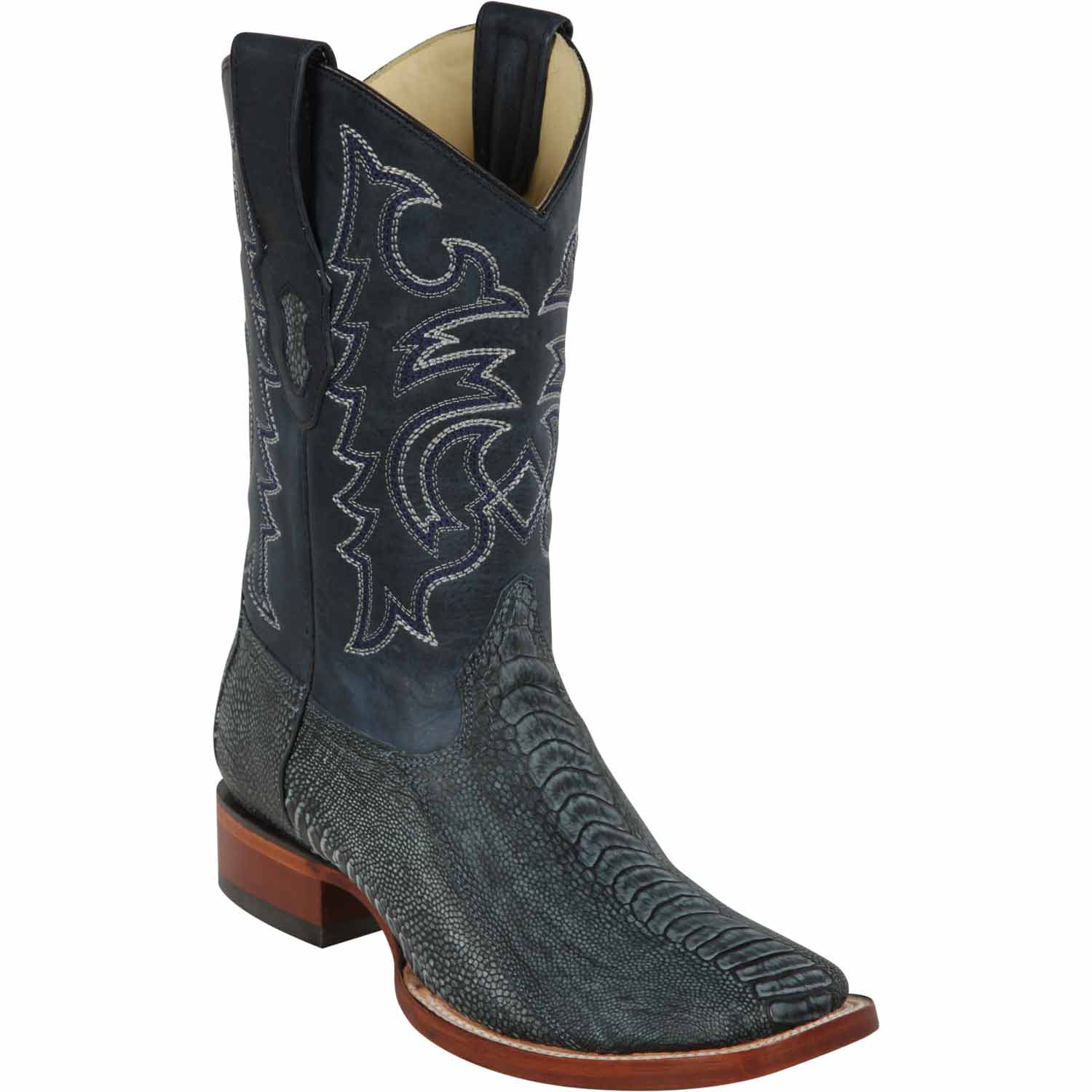 Western Genuine Ostrich Leg Skin Rodeo Wide Square Toe Boots Rustic Blue Color - Los Altos Boots - Side View 