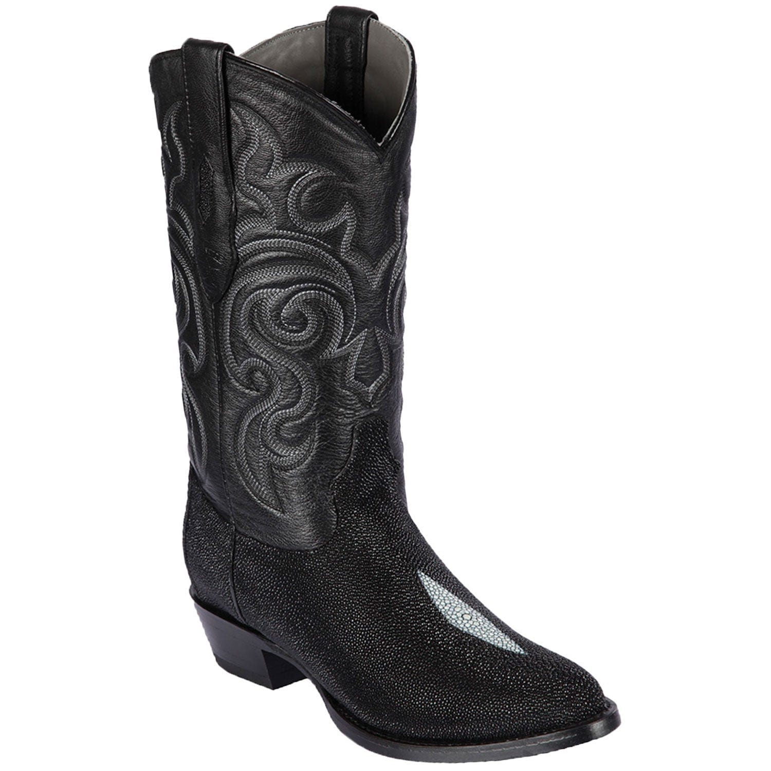 Western Genuine Stingray Skin Single Stone Round Toe Boots Black Color - Los Altos Boots - Side View