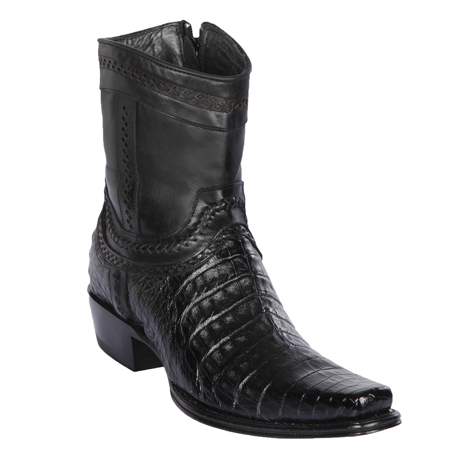 Men's Genuine Caiman Belly Skin European Square Toe Short Boots With Zipper Black Color - Los Altos Boots