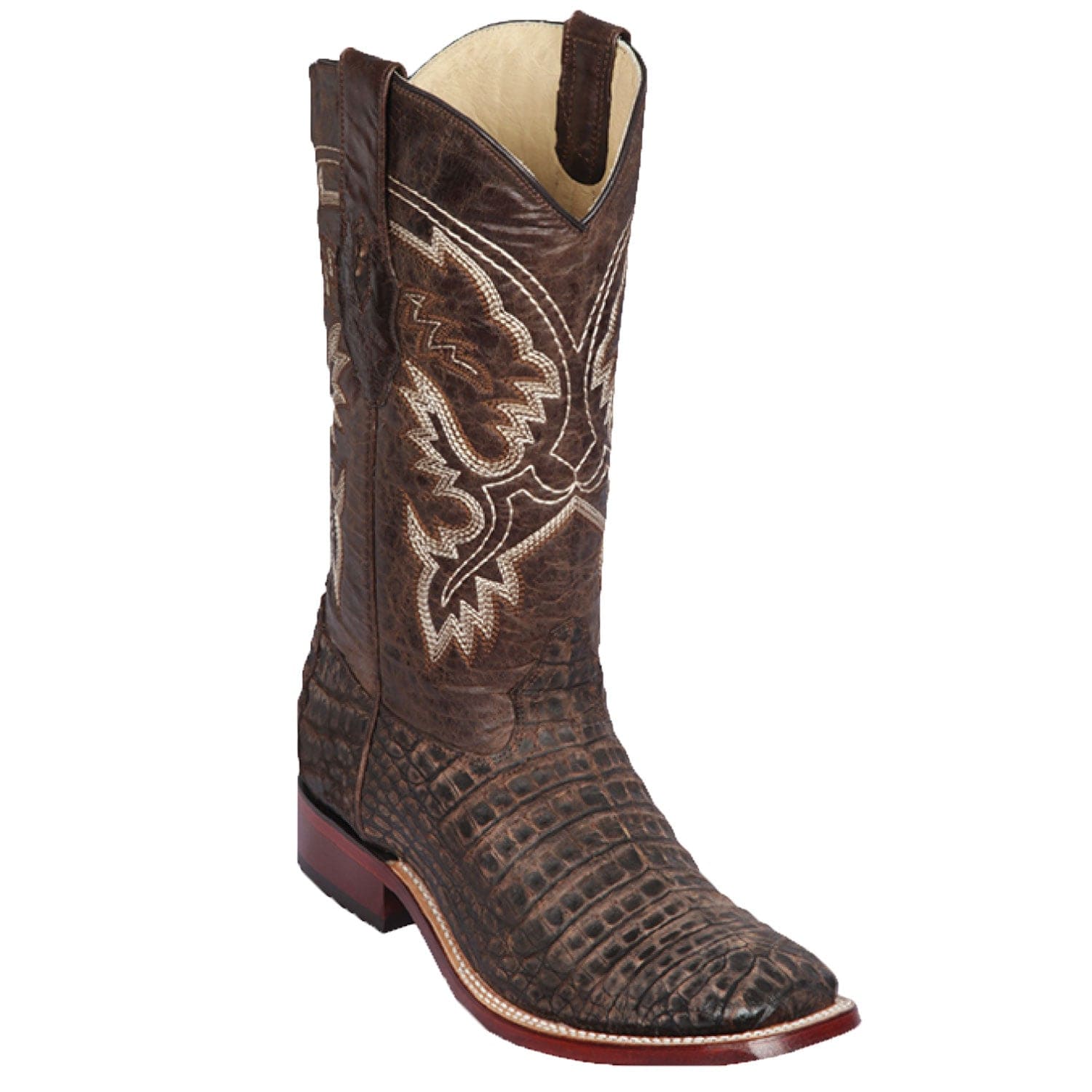 Los Altos Boots Boots Men's Genuine Caiman Belly Skin Rodeo Wide Square Toe Boots Sanded Brown Color - Los Altos Boots