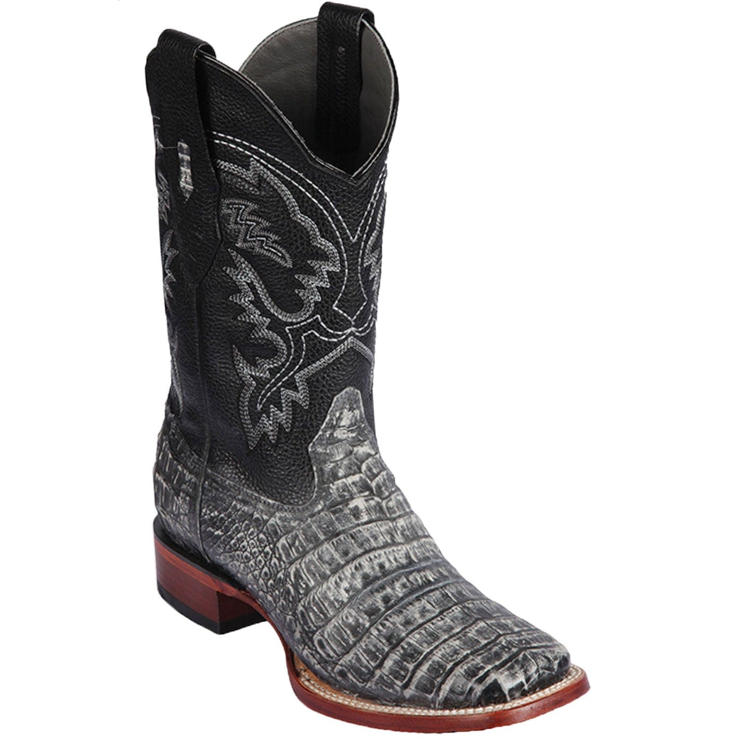 Los Altos Boots Boots Men's Genuine Caiman Belly Skin Rodeo Wide Square Toe Boots Sahara Rustic Black Color - Los Altos Boots