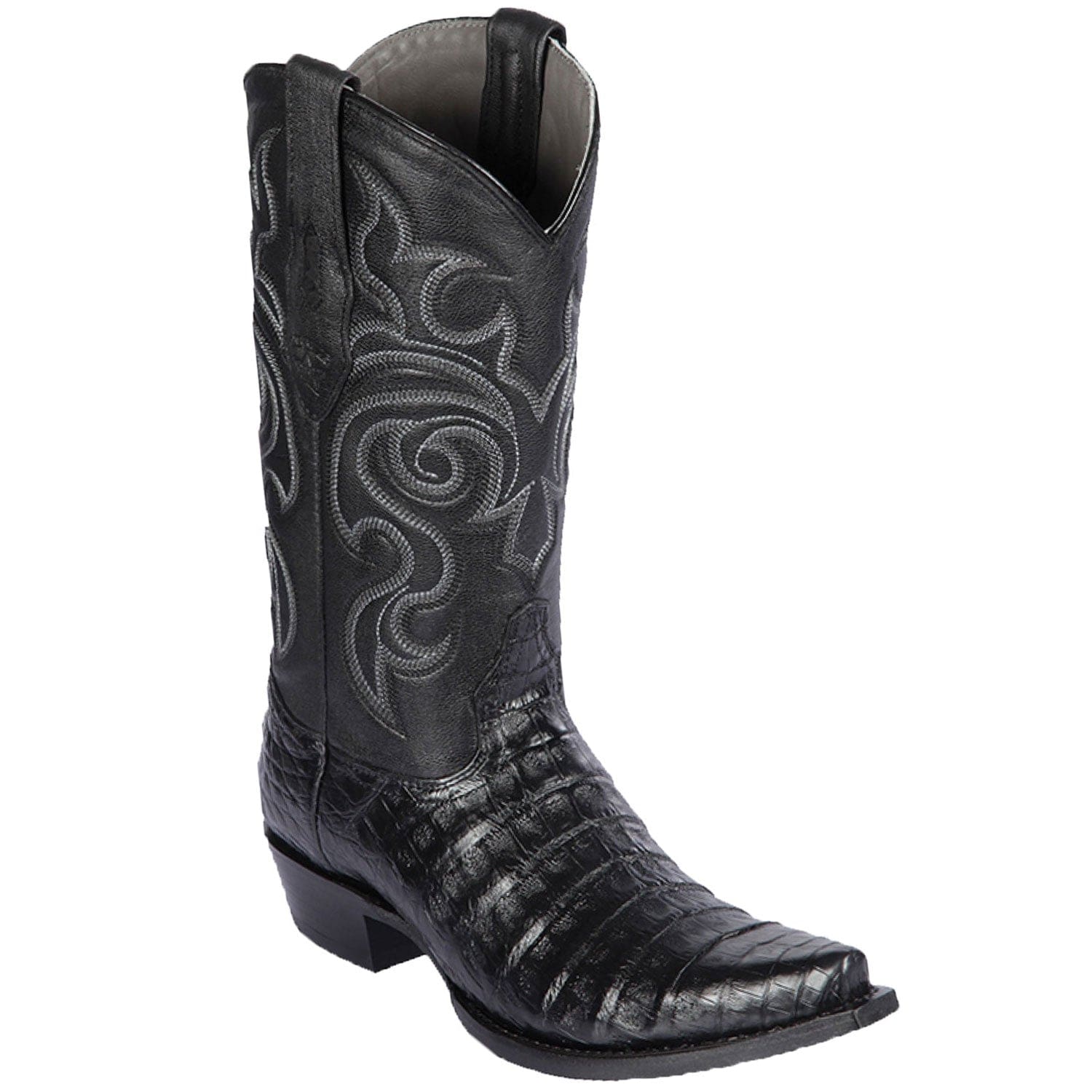 Western Genuine Caiman Belly Skin Snip Toe Boots Black Color - Los Altos Boots - Side View 