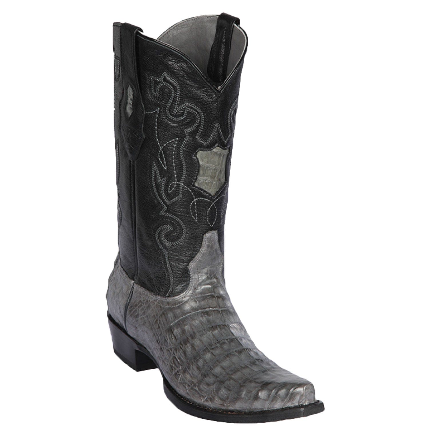 Western Genuine Caiman Belly Skin Snip Toe Boots Gray Color - Los Altos Boots - Side View 