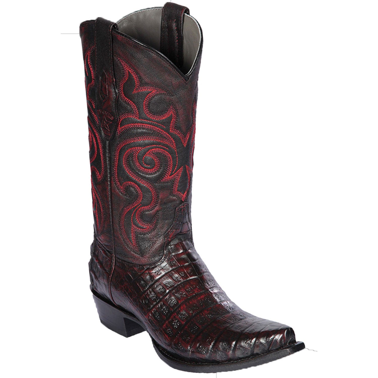Western Genuine Caiman Belly Skin Snip Toe Boots Black Cherry Color - Los Altos Boots - Side View 
