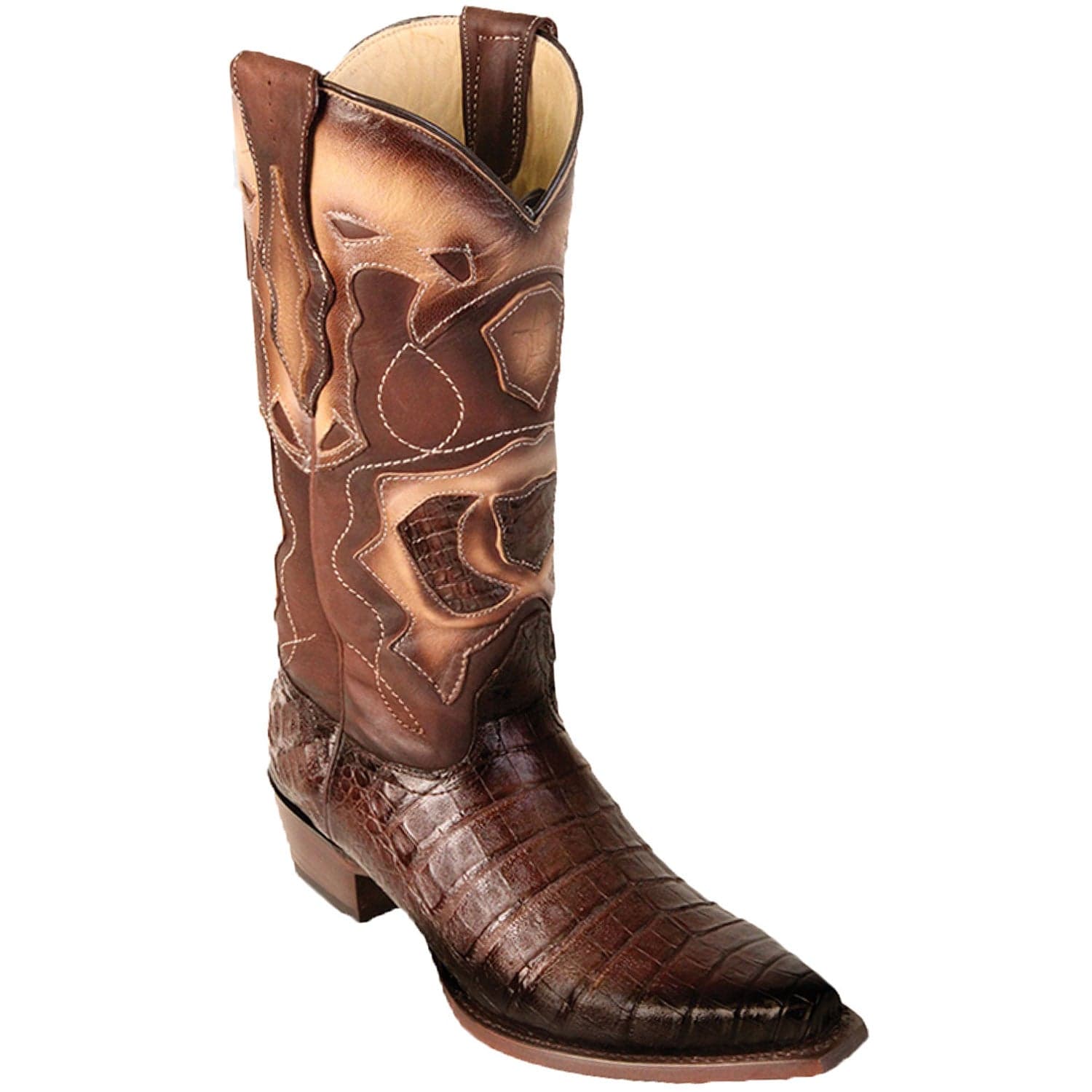 Western Genuine Caiman Belly Skin Snip Toe Boots Faded Brown Color - Los Altos Boots - Side View 