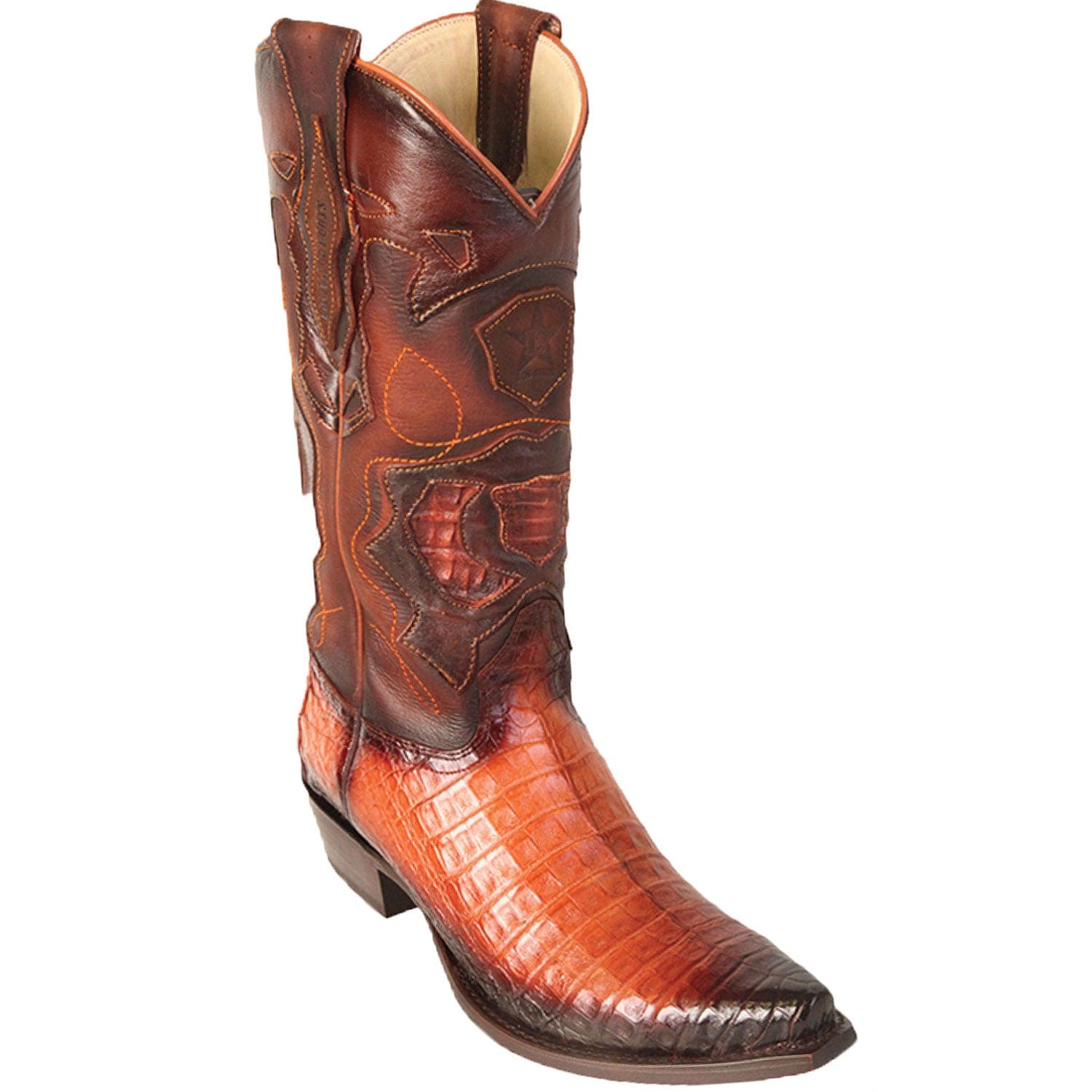 Western Genuine Caiman Belly Skin Snip Toe Boots Faded Cognac Color - Los Altos Boots - Side View 
