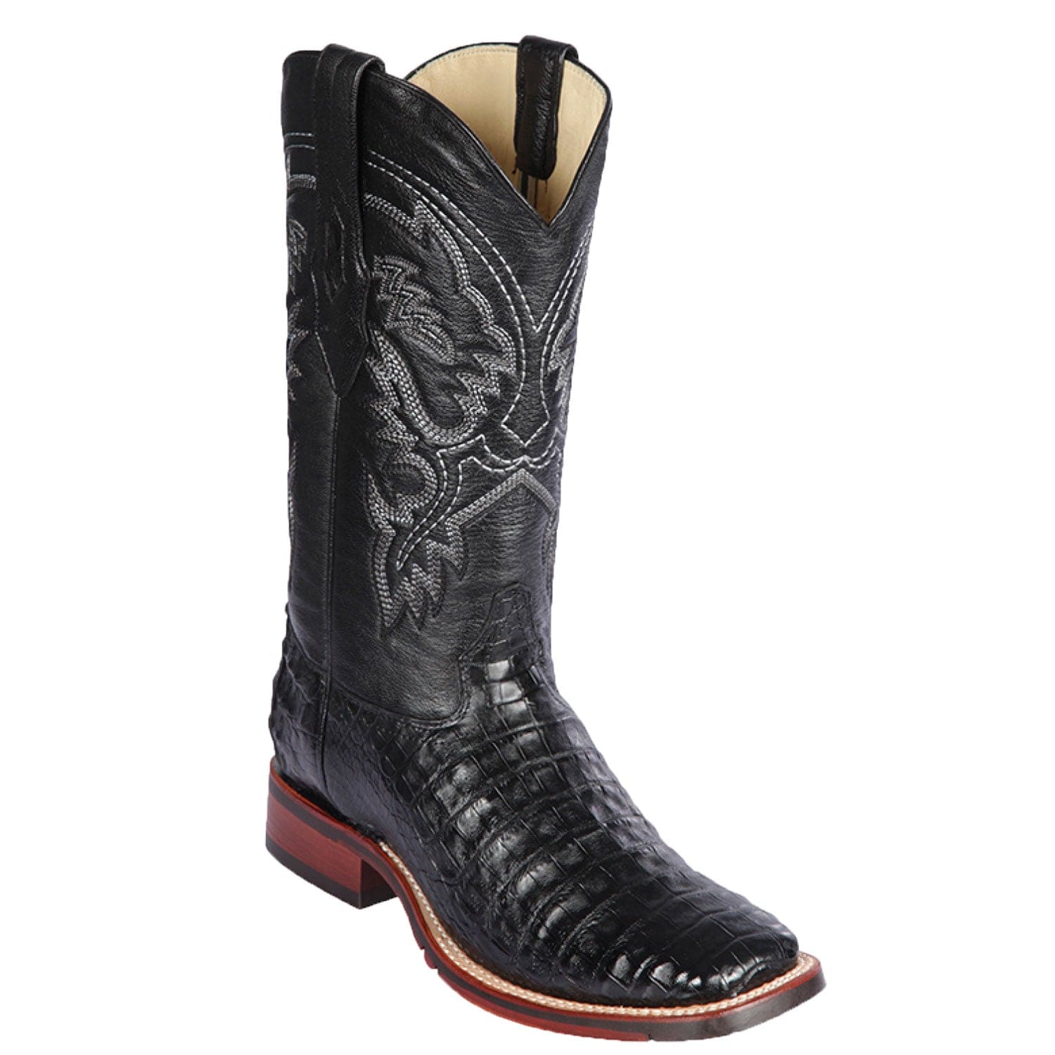 Western Genuine Caiman Belly Skin Rodeo Wide Square Toe Boots Black Color - Los Altos boots - Side View 