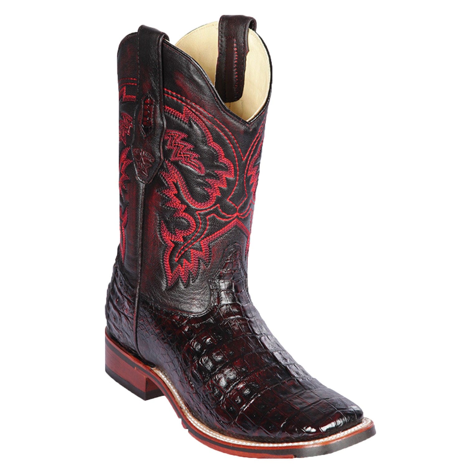 Western Genuine Caiman Belly Skin Rodeo Wide Square Toe Boots Black Cherry Color - Los Altos boots - Side View 