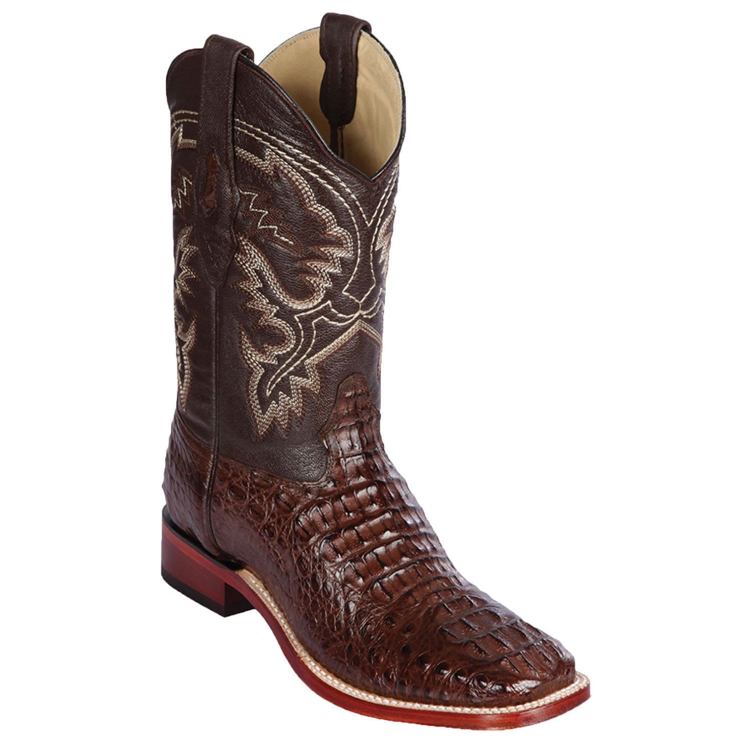 Western Genuine Caiman Hornback Skin Rodeo Wide Square Toe Boots Brown Color - Los Altos Boots - SIde View 