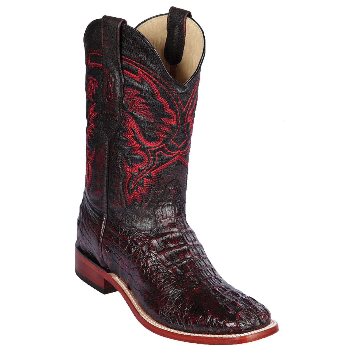 Western Genuine Caiman Hornback Skin Rodeo Wide Square Toe Boots Black Cherry Color - Los Altos Boots - SIde View 