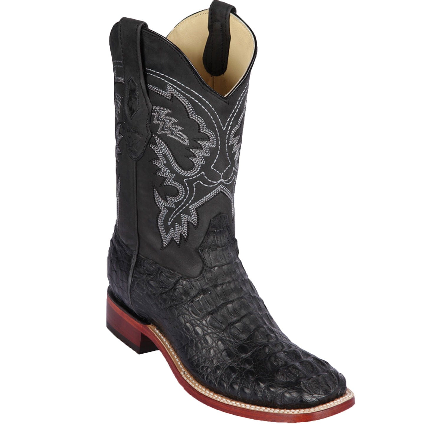 Western Genuine Caiman Hornback Skin Rodeo Wide Square Toe Boots Black Color - Los Altos Boots - SIde View 
