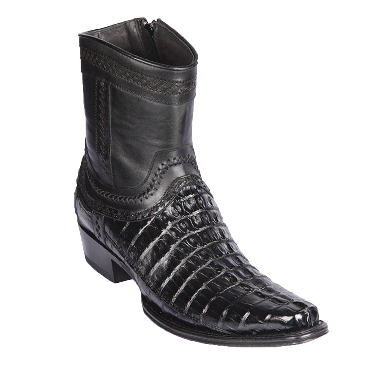 Men's Genuine Caiman Tail Skin European Square Toe Short Boots With Zipper Black Color - Los Altos Boots