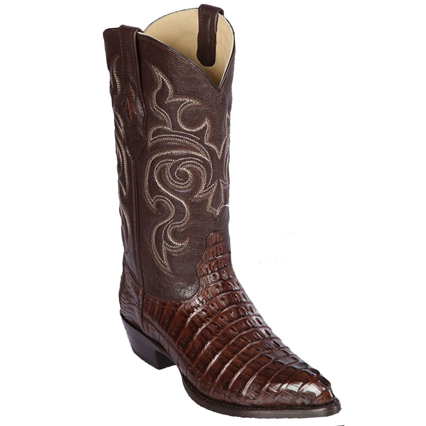 Western Genuine Caiman Tail Skin J Toe Boots Brown Color - Los Altos Boots - Side View 