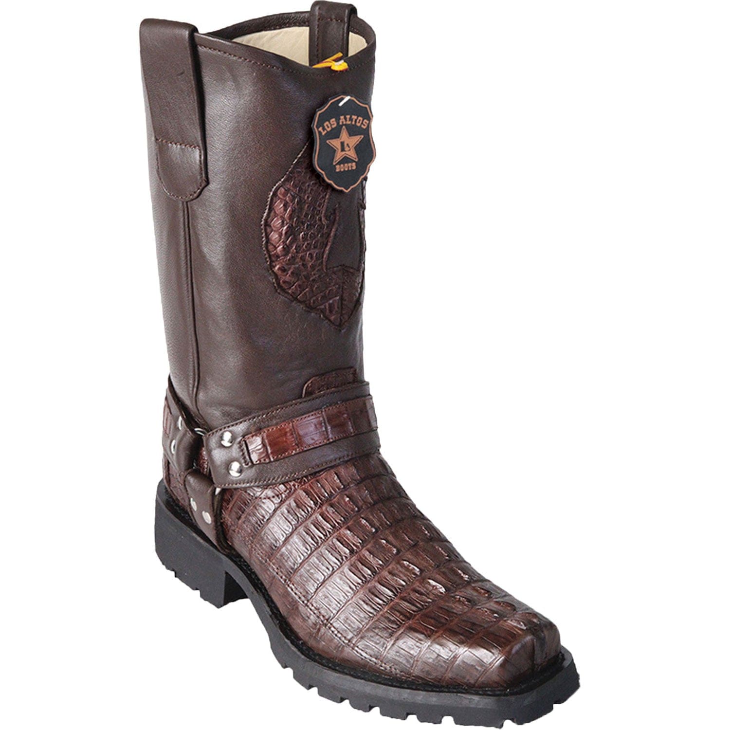 Western Genuine Caiman Tail Skin Biker Boots Brown Color - Los Altos Boots - Side View 